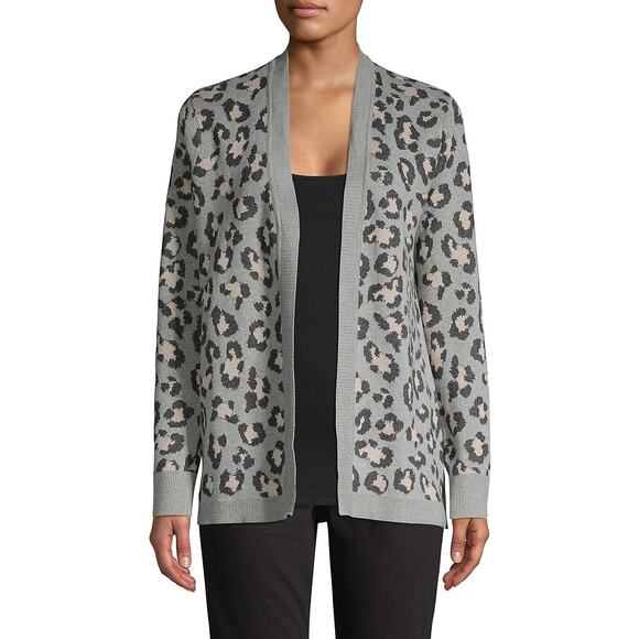 New Calvin Klein Large Open Front Cardigan Sweater Leopard Animal Print Gray L - Picture 1 of 7